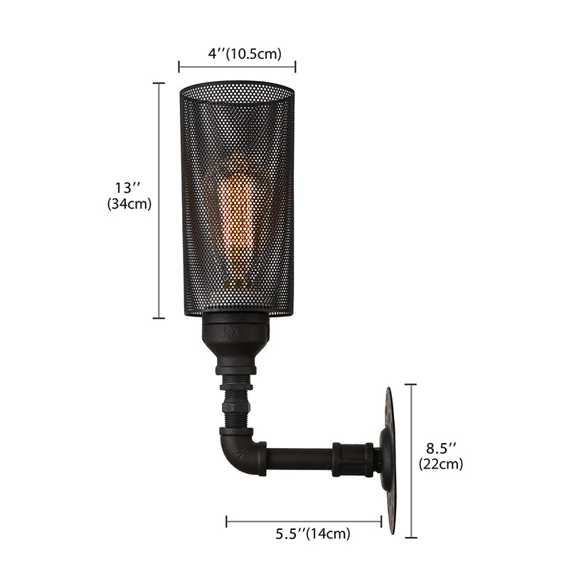 Sikunuo | Metallic Cylinder Wall Lighting with Mesh Pattern Vintage Stylish 1 Light Restaurant Wall Mount Light in Black