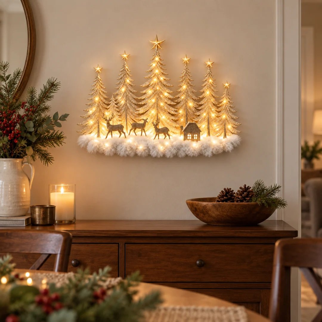 🌲✨ Lighted Woodland Forest Wall Decor – Glowing Winter Cabin Scene