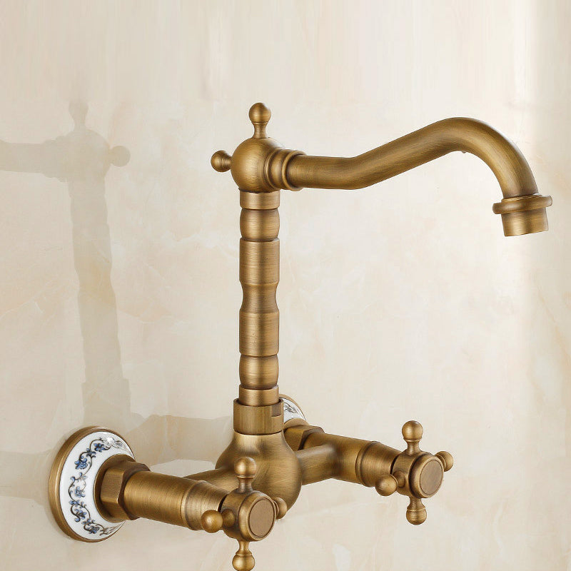 Sikunuo | Vintage Bathtub Faucet with Two Cross Handles Made of Pure Copper Wall-Mounted Fixture