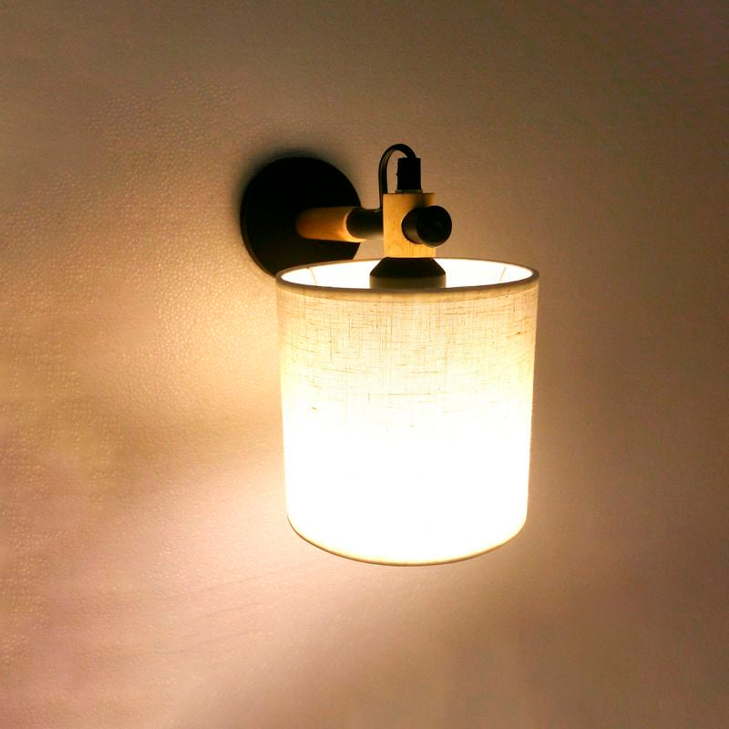 Sikunuo | Fabric Cylindrical Wall Light Modernist 1 Light Bedroom Wall Mounted Light with Wood Connection in Black/White