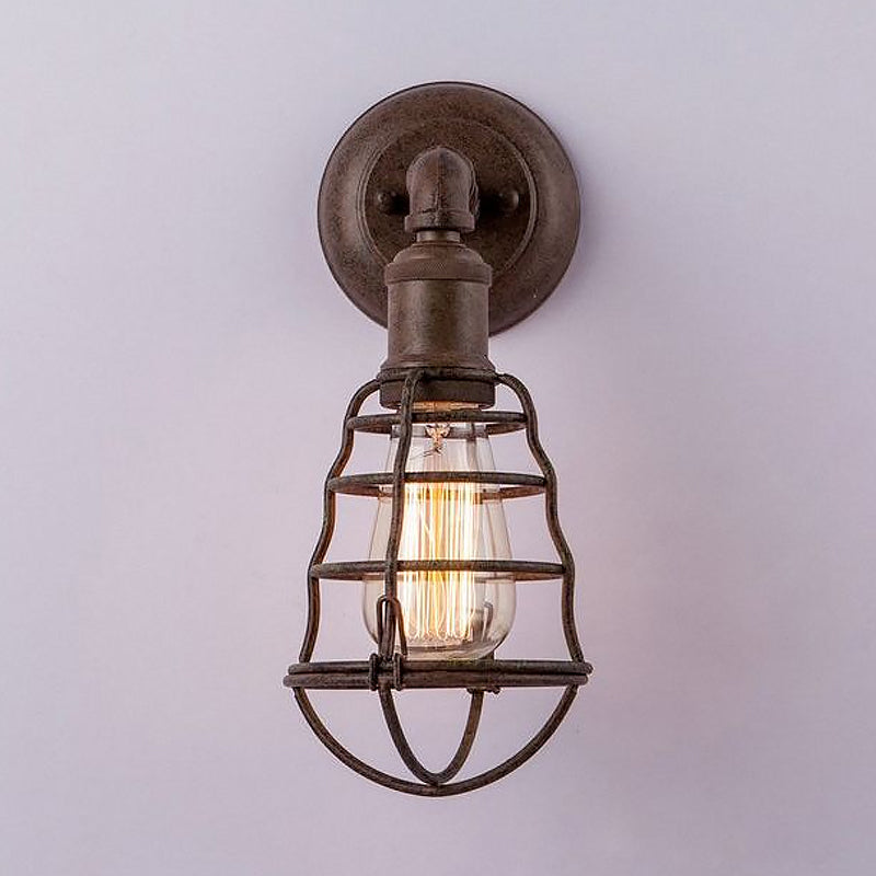 Sikunuo | Rust Finish Mini Wall Lamp with Cage Shade Antique Style Iron 1 Light Farmhouse Wall Mount Lighting
