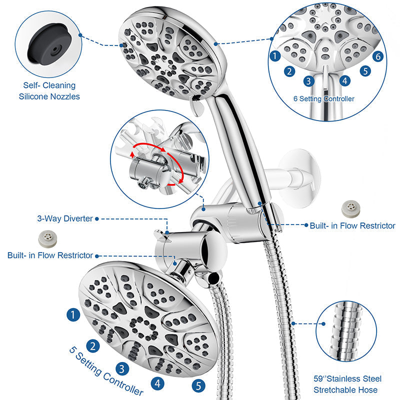 Sikunuo | Contemporary Shower Combo Dual Shower Head Chrome Ceiling Mounted Round Shower Head
