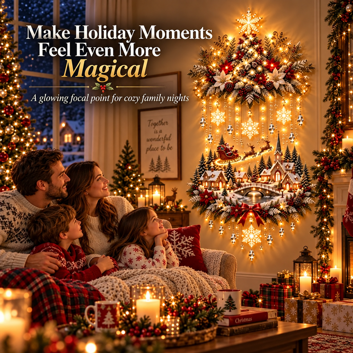 🎄 Lighted Christmas Tree & Village Wall Decor – Warm Cascading Glow