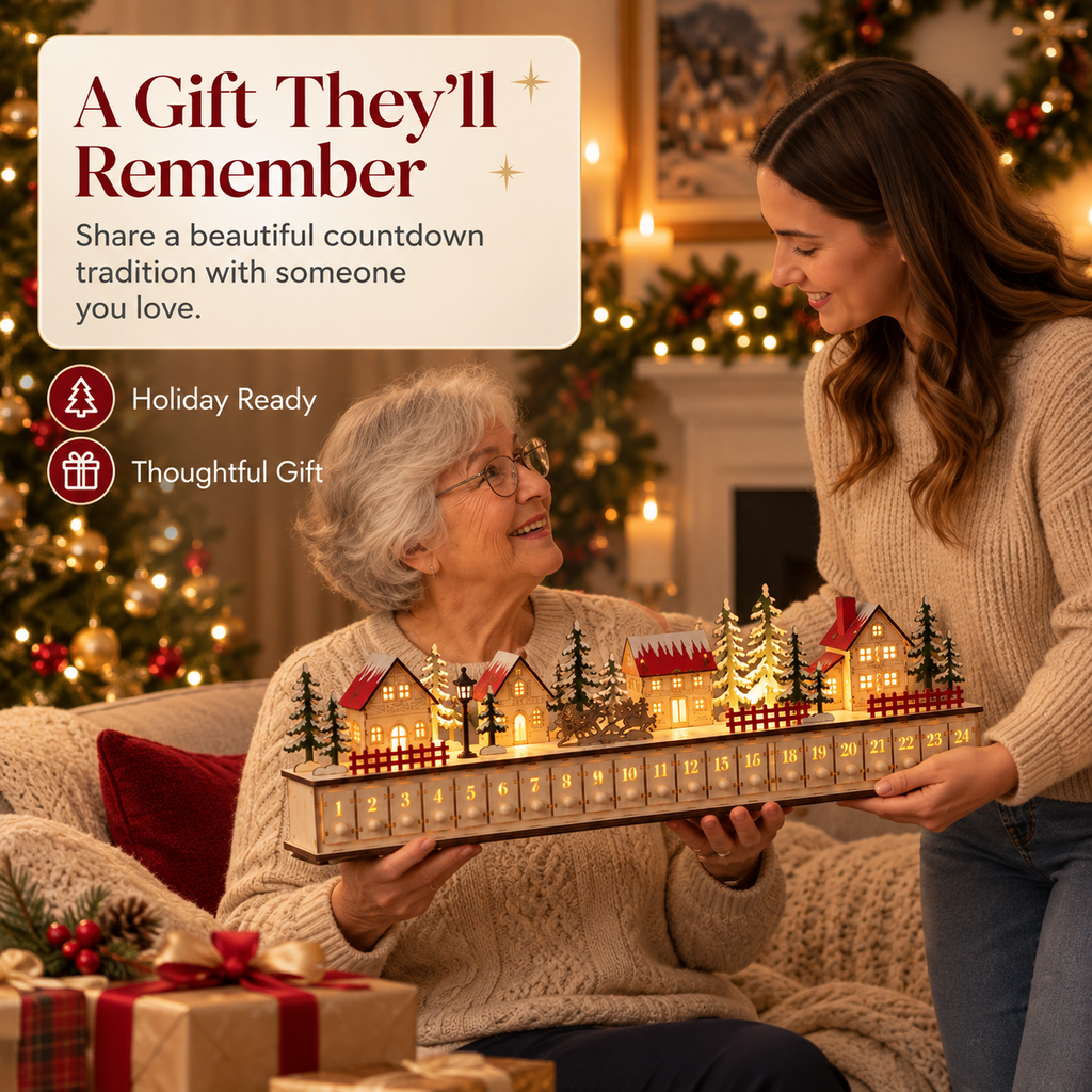 🎄 Wooden Christmas Village Advent Calendar – Magical LED Holiday Countdown 🎁✨