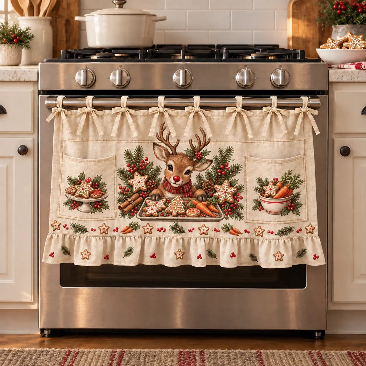 Christmas Kitchen Tie-On Skirt with Pockets & Ruffled Trim