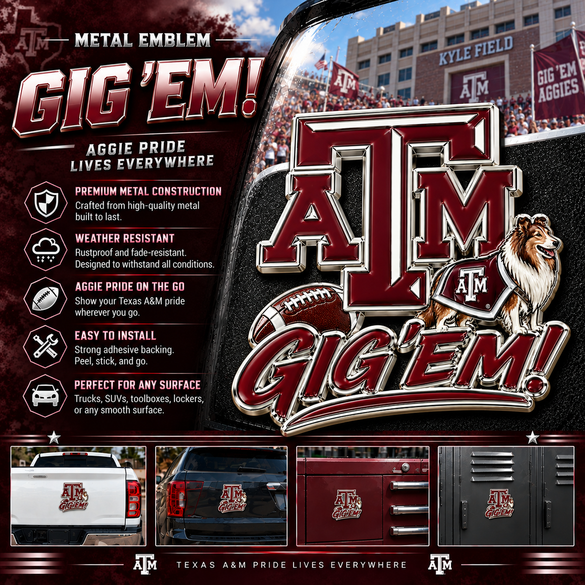 Gig 'em! Car Emblem Metal Badge