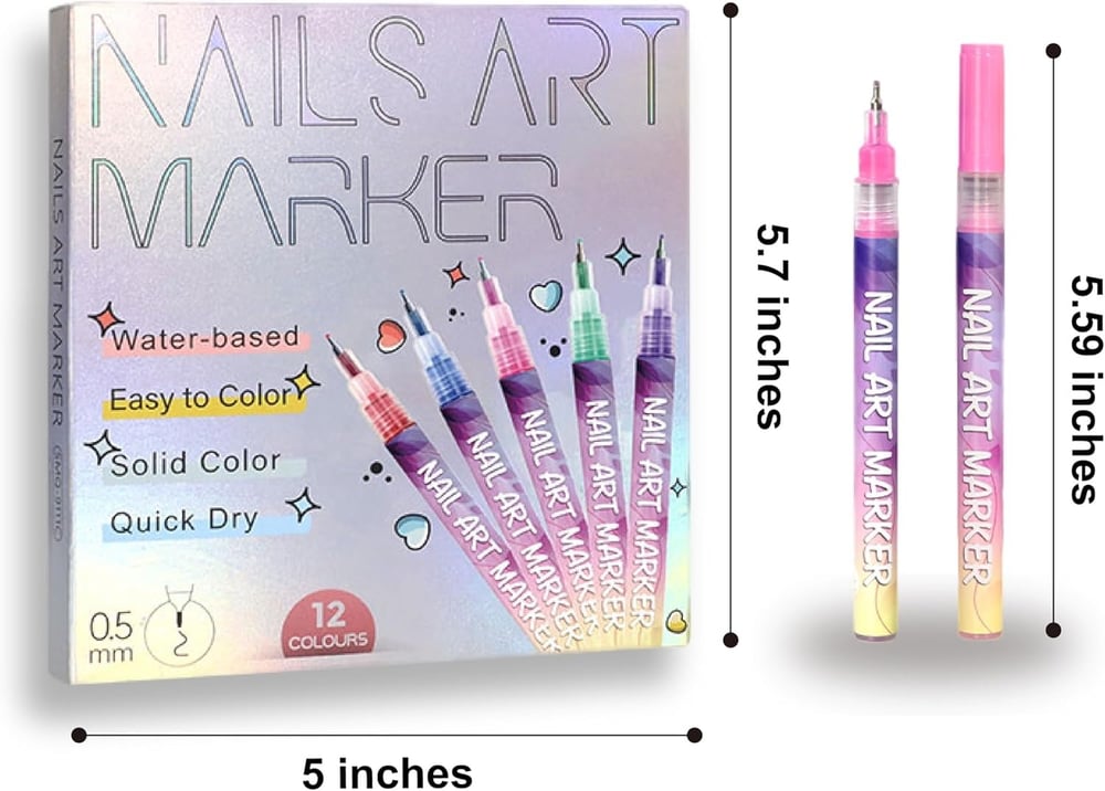 Sikunuo | 12 Colors Nail Art Pens — Acrylic Nail Design Set with Fine Tip