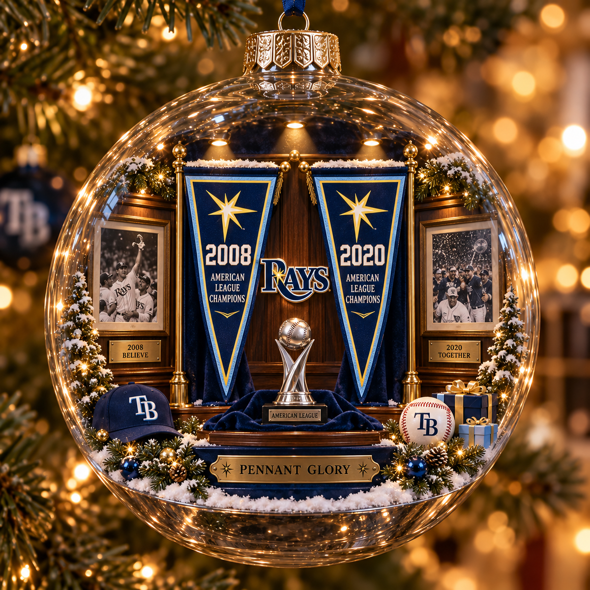 Rays Light-Up Baseball Heritage Christmas Ornament