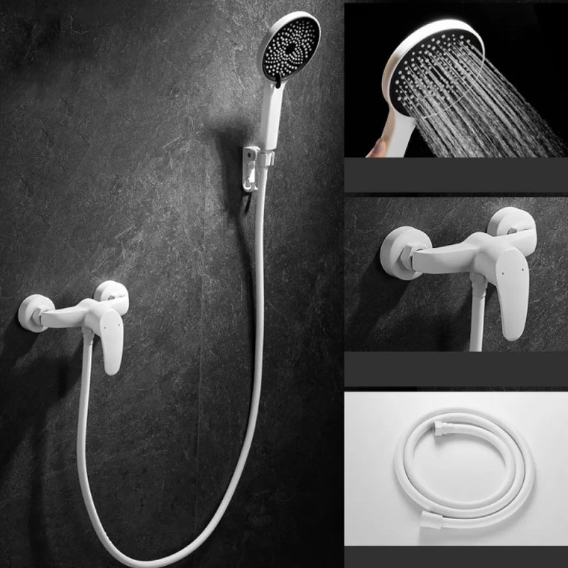Sikunuo | Round Shower Set White Wall Mounted Hand Shower Lever Handle Shower Hose Swiveling Shower Set