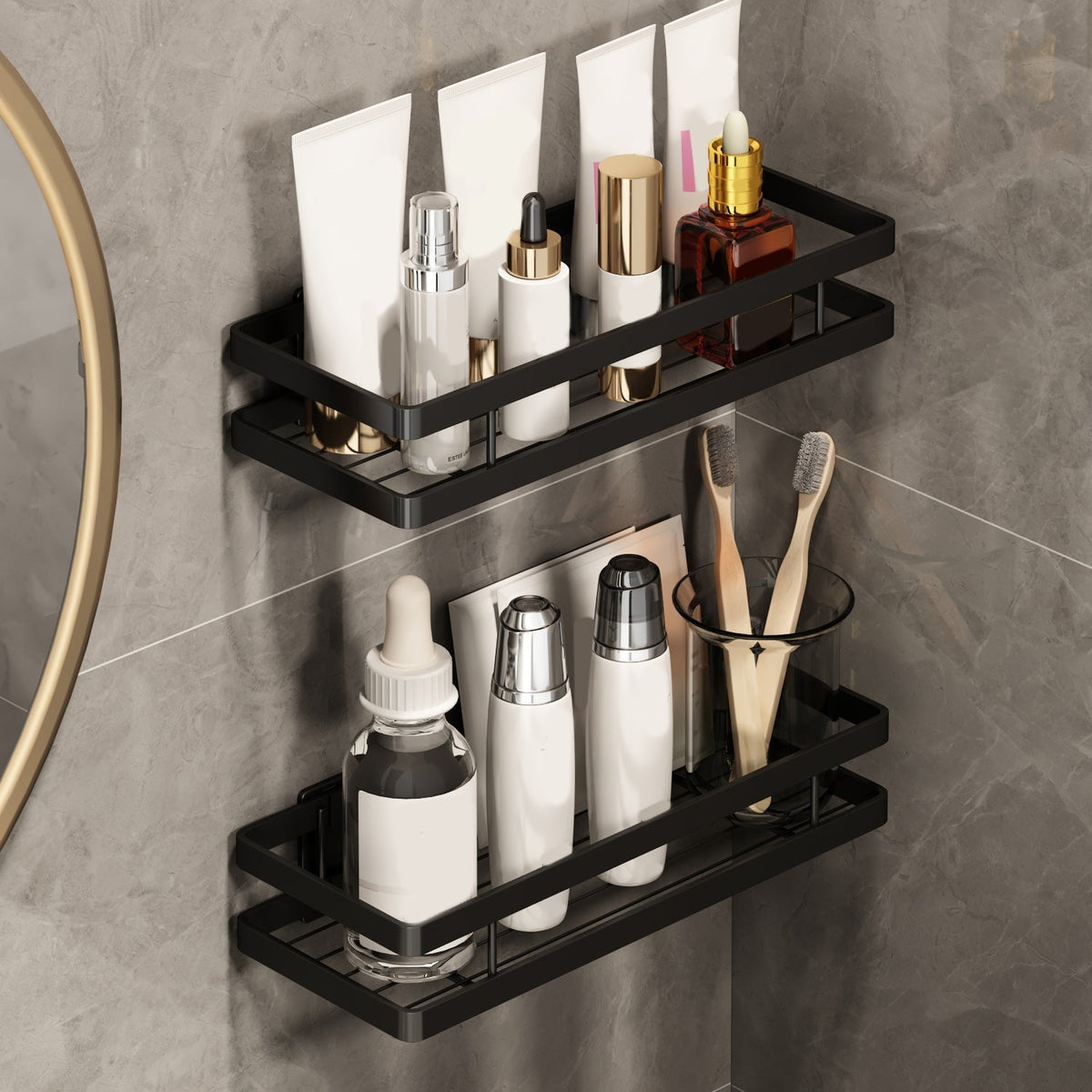 Sikunuo | 2-piece bathroom shelf made of matte black metal bathroom hardware set