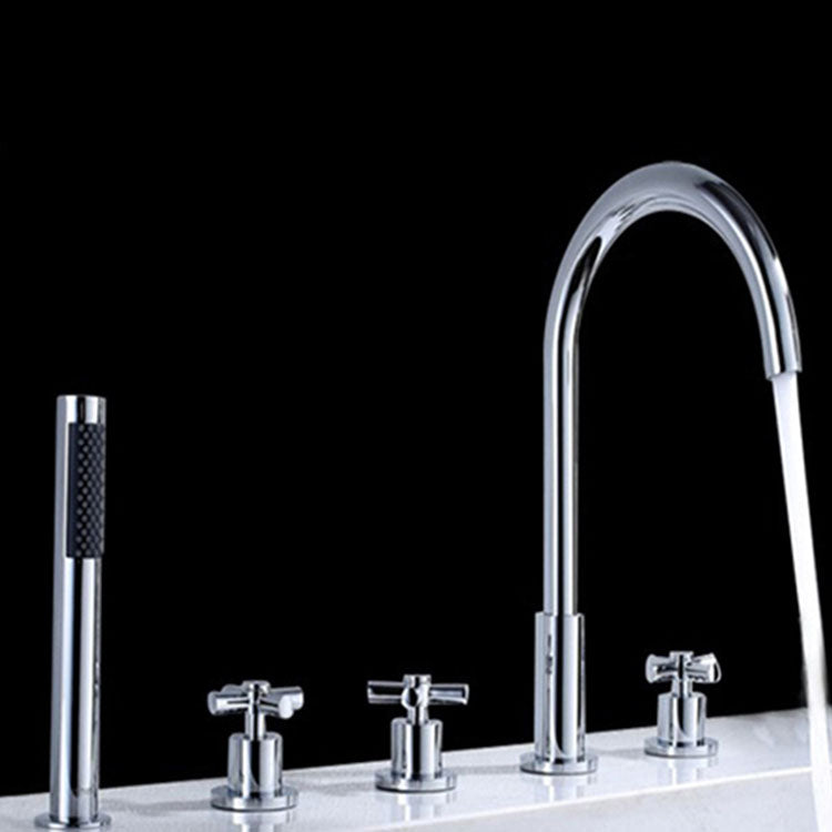 Sikunuo | Contemporary Bathroom Faucet Deck Mount Copper Low Arc Swivel Roman Bathtub Faucet Set