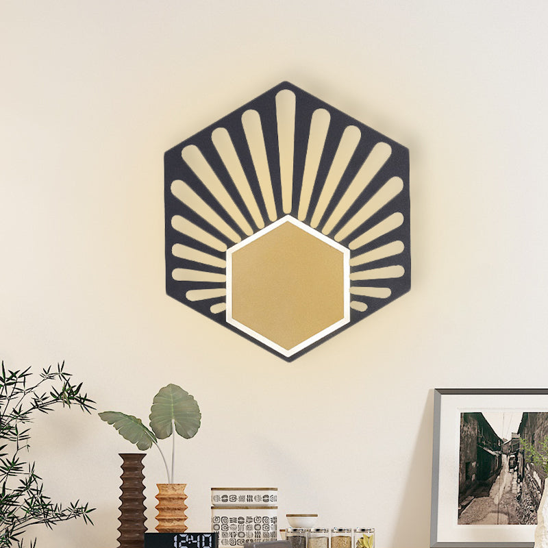 Sikunuo | Hexagon Wall-Mounted Light Modernist Metallic LED Nightstand Wall Lamp in Black with Fan Design, 8"/10" Wide