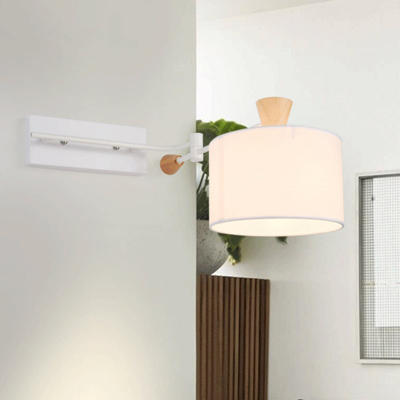 Sikunuo | Drum Fabric Wall Light Modern 1 Bulb White Surface Wall Mounted Lamp with Rotatable Arm