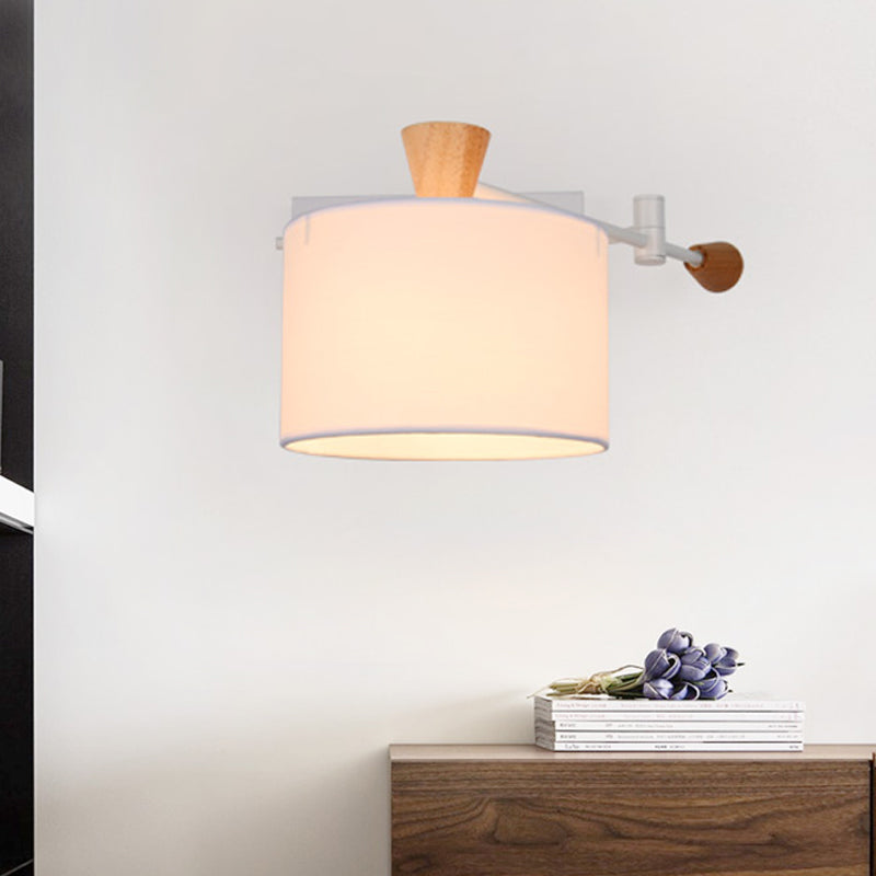 Sikunuo | Drum Fabric Wall Light Modern 1 Bulb White Surface Wall Mounted Lamp with Rotatable Arm