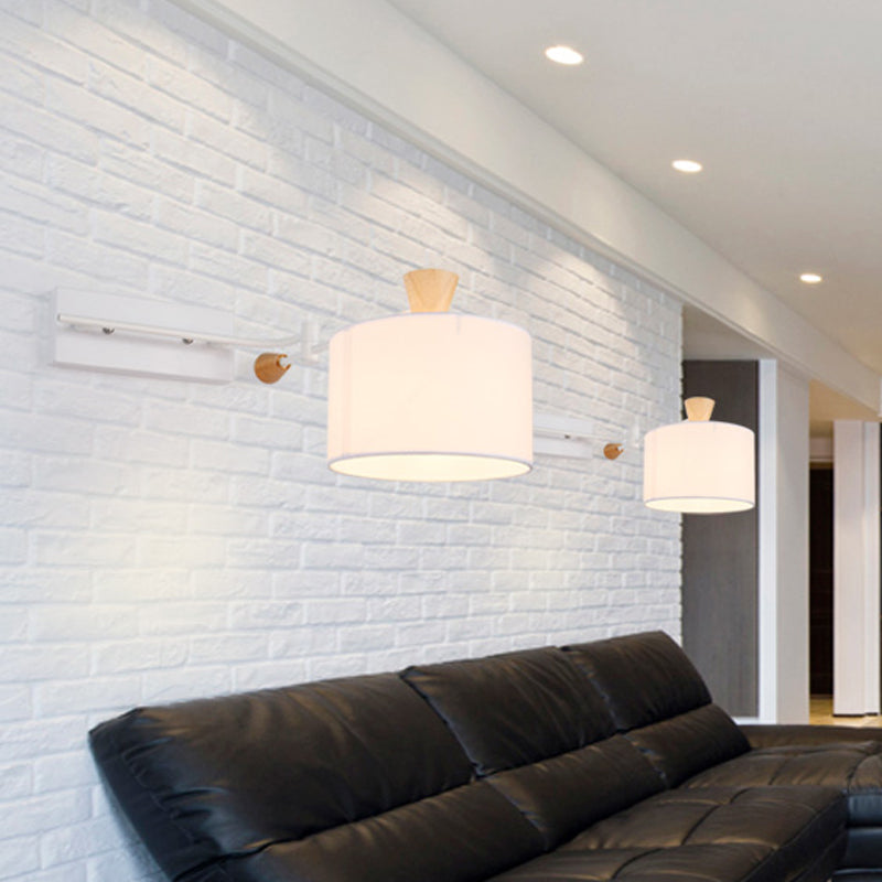 Sikunuo | Drum Fabric Wall Light Modern 1 Bulb White Surface Wall Mounted Lamp with Rotatable Arm