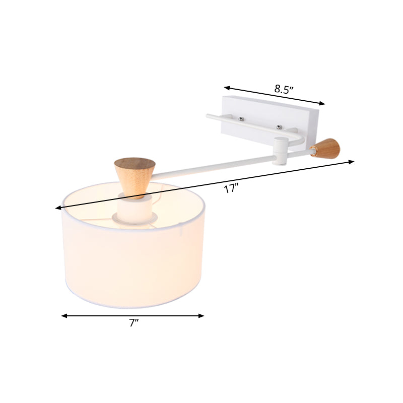 Sikunuo | Drum Fabric Wall Light Modern 1 Bulb White Surface Wall Mounted Lamp with Rotatable Arm