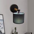 Sikunuo | Modernist Armed Wall Lamp Wood 1 Light Bed Lamp with Black Drum Fabric Shade