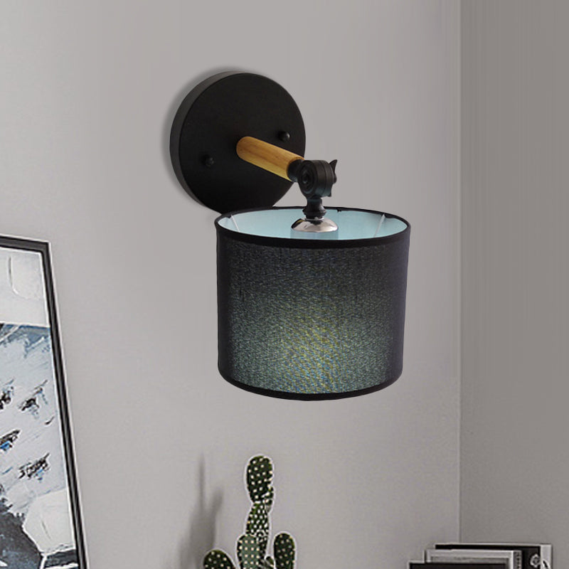 Sikunuo | Modernist Armed Wall Lamp Wood 1 Light Bed Lamp with Black Drum Fabric Shade