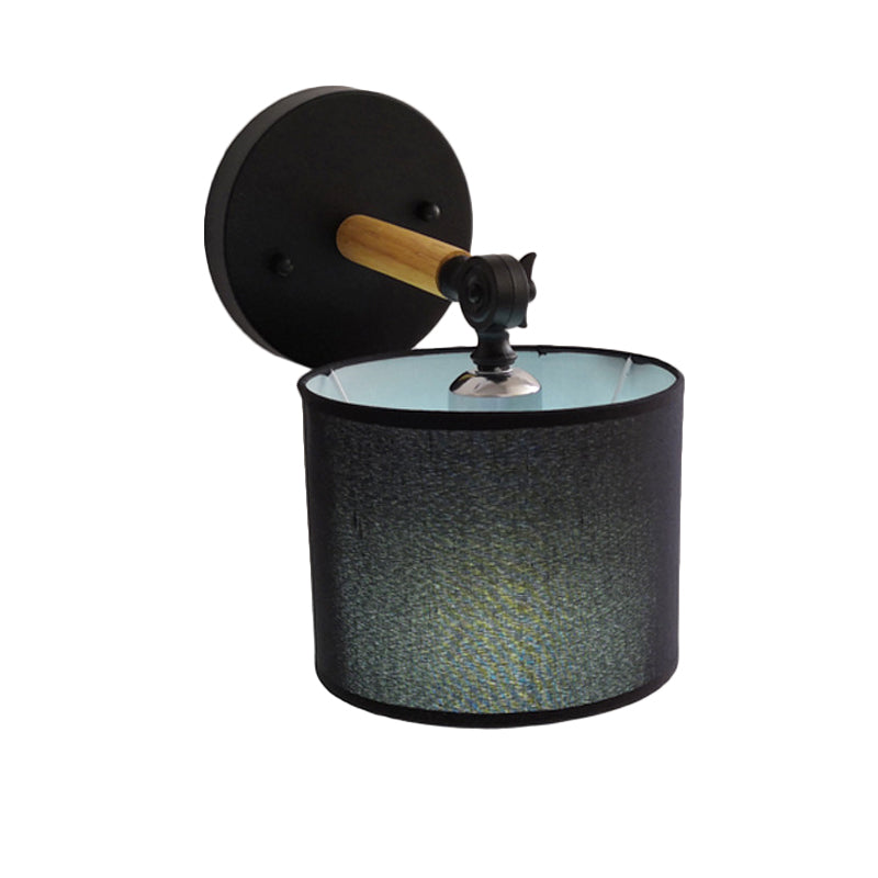 Sikunuo | Modernist Armed Wall Lamp Wood 1 Light Bed Lamp with Black Drum Fabric Shade