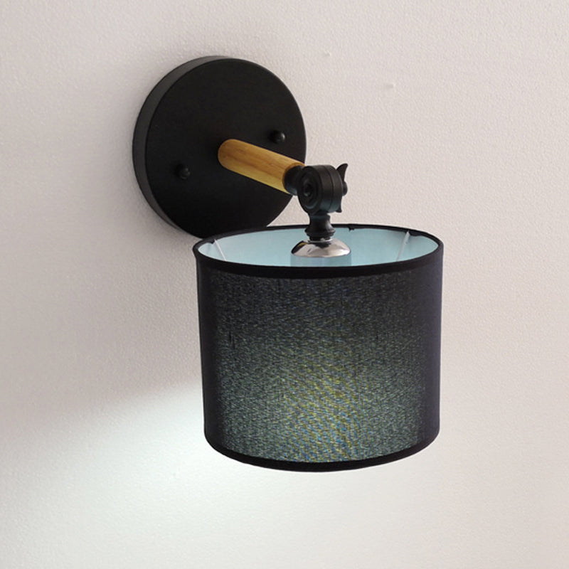 Sikunuo | Modernist Armed Wall Lamp Wood 1 Light Bed Lamp with Black Drum Fabric Shade
