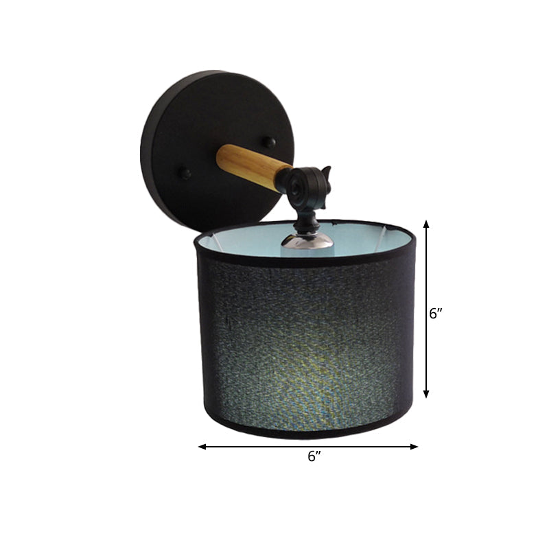 Sikunuo | Modernist Armed Wall Lamp Wood 1 Light Bed Lamp with Black Drum Fabric Shade