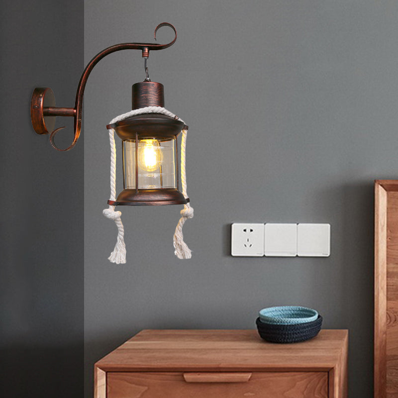 Sikunuo | 1-Bulb Metal Wall Mounted Light Industrial Brass/Copper Curved Arm Wall Lamp with Lantern Clear Glass Shade