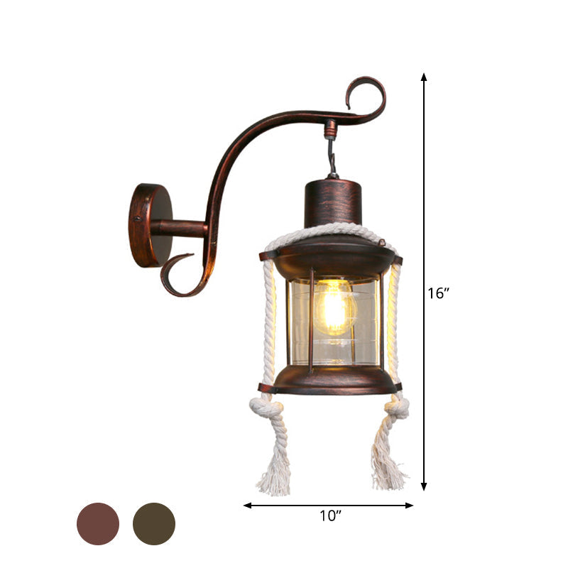 Sikunuo | 1-Bulb Metal Wall Mounted Light Industrial Brass/Copper Curved Arm Wall Lamp with Lantern Clear Glass Shade