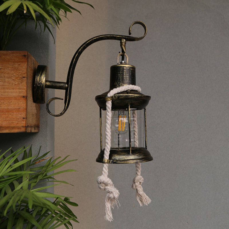 Sikunuo | 1-Bulb Metal Wall Mounted Light Industrial Brass/Copper Curved Arm Wall Lamp with Lantern Clear Glass Shade