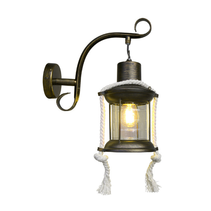 Sikunuo | 1-Bulb Metal Wall Mounted Light Industrial Brass/Copper Curved Arm Wall Lamp with Lantern Clear Glass Shade