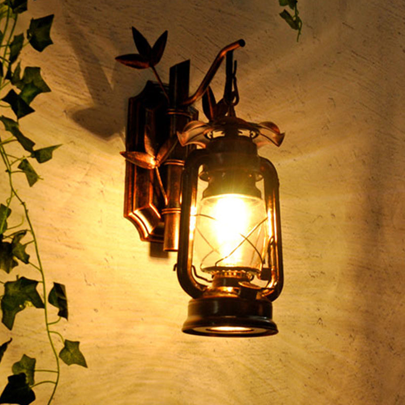 Sikunuo | Industrial Lantern Wall Lamp 1 Head Clear Glass Wall Plate Lighting Fixture in Bronze/Copper with Metal Bamboo Back Plate