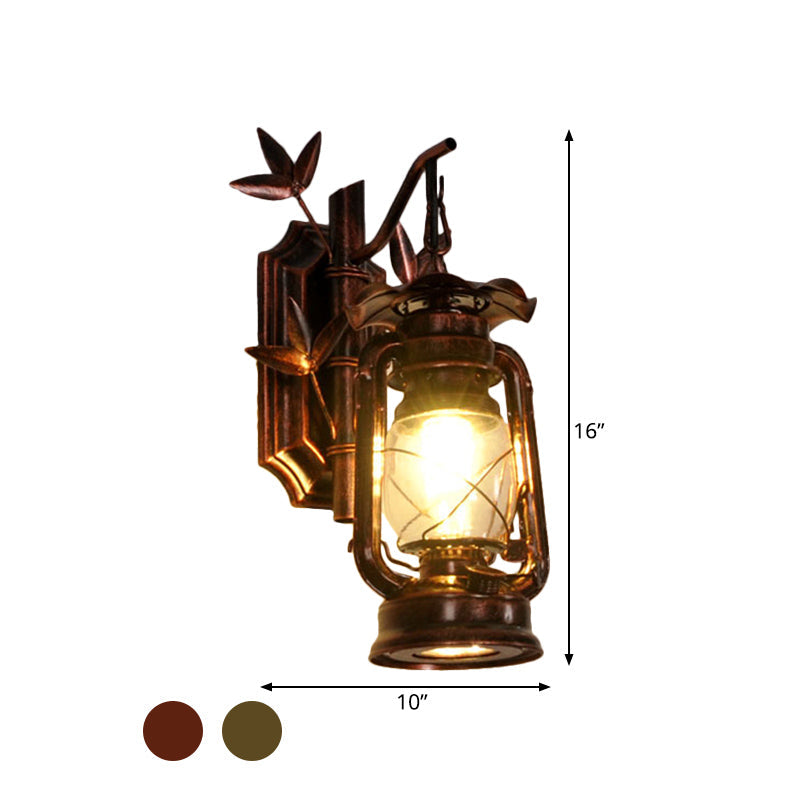 Sikunuo | Industrial Lantern Wall Lamp 1 Head Clear Glass Wall Plate Lighting Fixture in Bronze/Copper with Metal Bamboo Back Plate