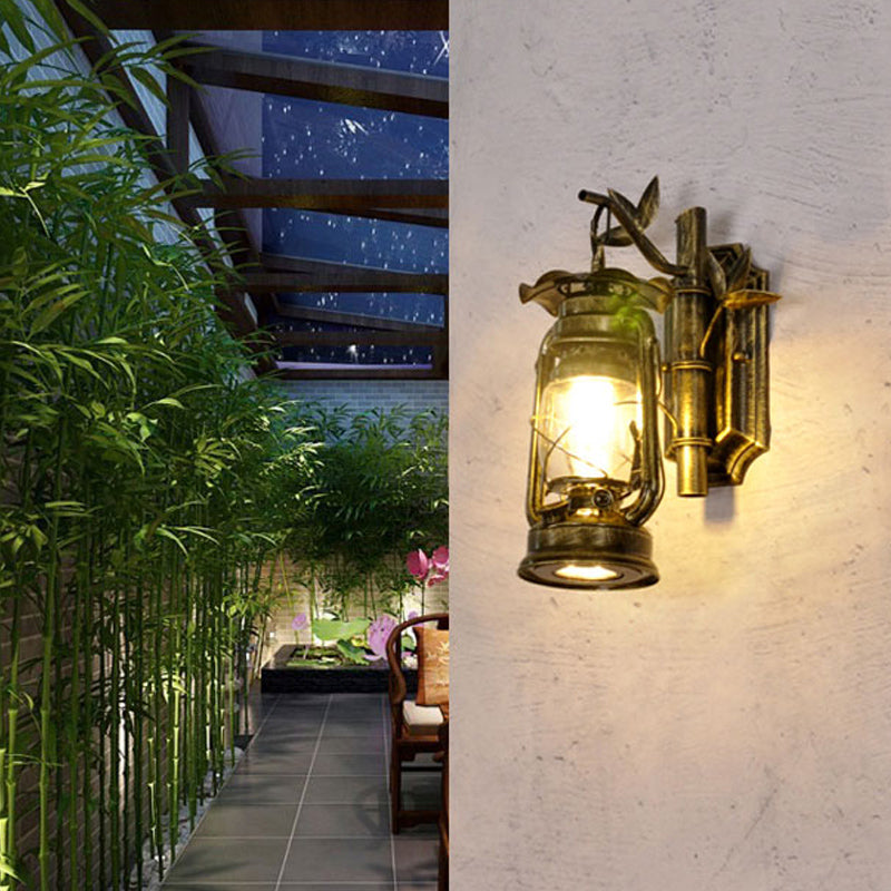 Sikunuo | Industrial Lantern Wall Lamp 1 Head Clear Glass Wall Plate Lighting Fixture in Bronze/Copper with Metal Bamboo Back Plate