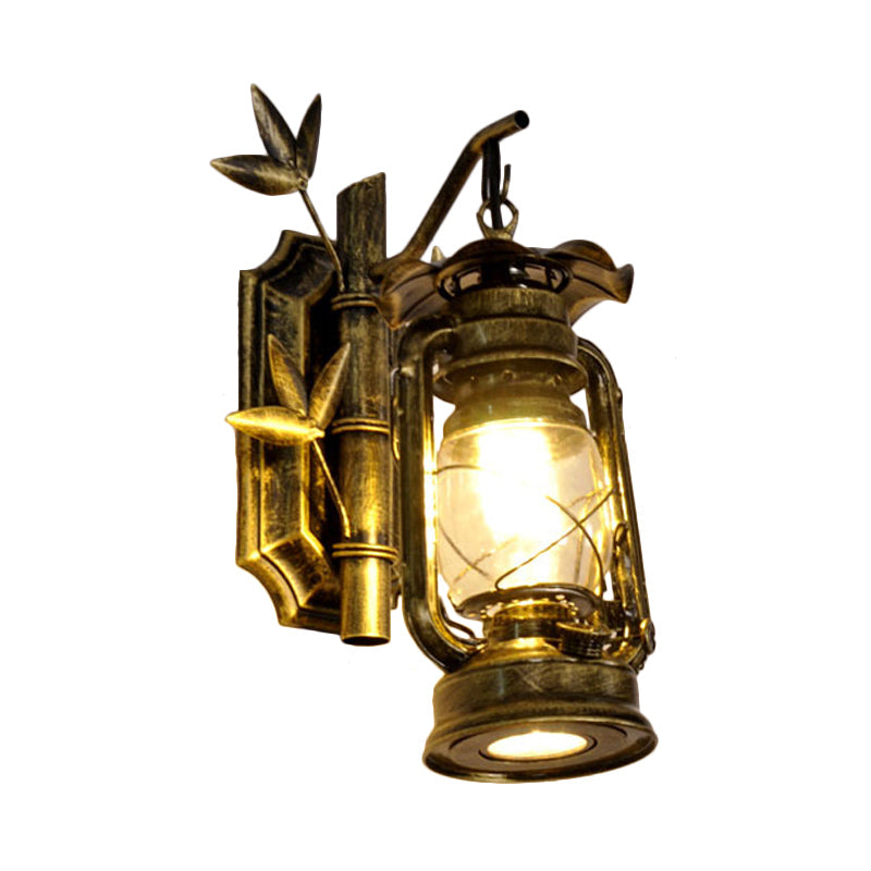 Sikunuo | Industrial Lantern Wall Lamp 1 Head Clear Glass Wall Plate Lighting Fixture in Bronze/Copper with Metal Bamboo Back Plate