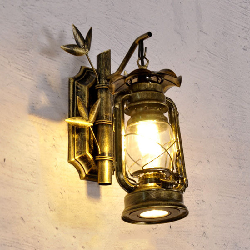Sikunuo | Industrial Lantern Wall Lamp 1 Head Clear Glass Wall Plate Lighting Fixture in Bronze/Copper with Metal Bamboo Back Plate