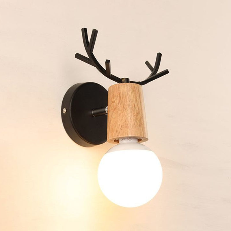 Sikunuo | 1 Light Bare Bulb Wall Lamp Modern Style Black/White Finish Metal and Wood Wall Lighting with Deer Side