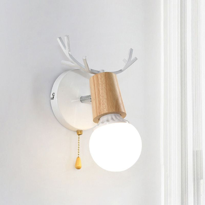 Sikunuo | 1 Light Bare Bulb Wall Lamp Modern Style Black/White Finish Metal and Wood Wall Lighting with Deer Side