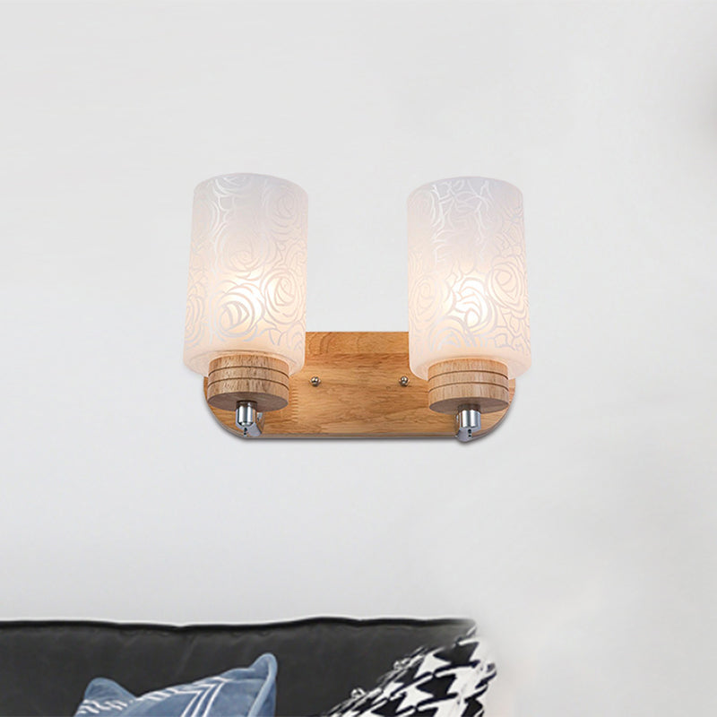 Sikunuo | White Glass Cylinder Wall Light Sconces Modern 2 Heads Wood Wall Mount Lamp Holder with Rose Pattern