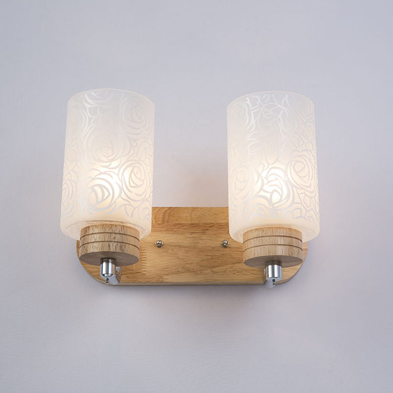 Sikunuo | White Glass Cylinder Wall Light Sconces Modern 2 Heads Wood Wall Mount Lamp Holder with Rose Pattern