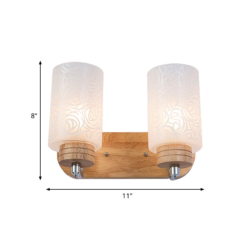 Sikunuo | White Glass Cylinder Wall Light Sconces Modern 2 Heads Wood Wall Mount Lamp Holder with Rose Pattern