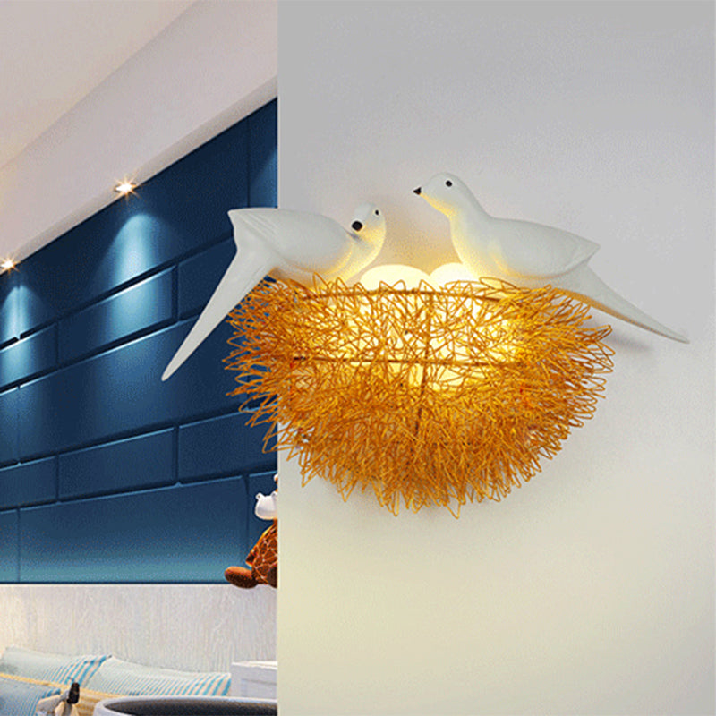 Sikunuo | Gold Finish Bird Nest Flush Wall Sconce Art Deco 3 Lights Metal LED Wall Lamp with White Bird Decor