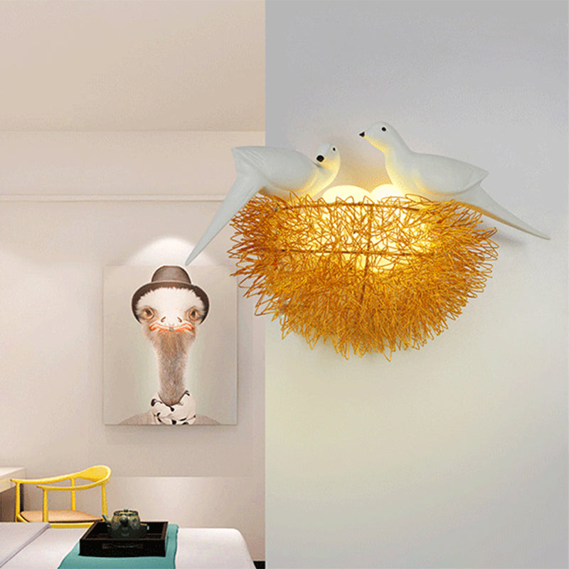 Sikunuo | Gold Finish Bird Nest Flush Wall Sconce Art Deco 3 Lights Metal LED Wall Lamp with White Bird Decor