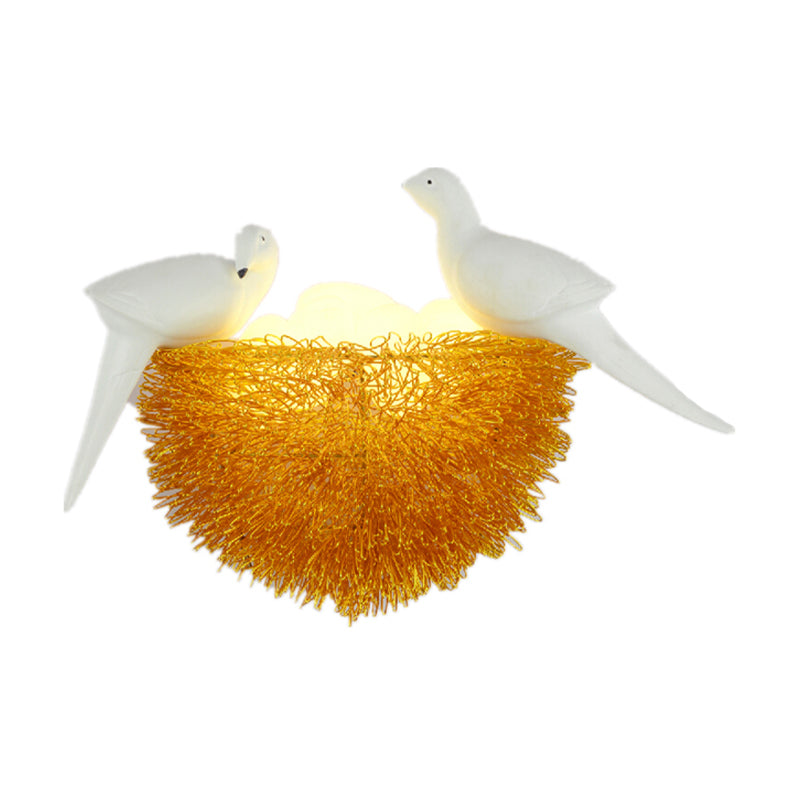 Sikunuo | Gold Finish Bird Nest Flush Wall Sconce Art Deco 3 Lights Metal LED Wall Lamp with White Bird Decor