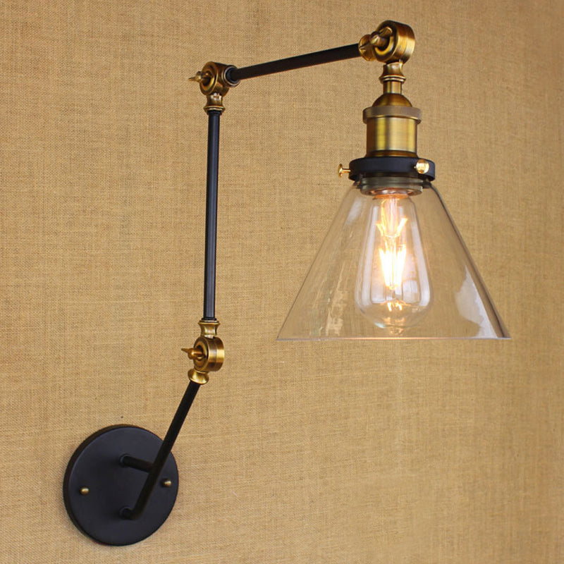 Sikunuo | Vintage Tapered Wall Lamp Fixture 1 Light Source Clear Glass Wall Lamp in Brass with Extendable Arm