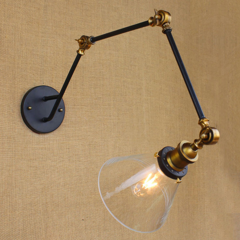 Sikunuo | Vintage Tapered Wall Lamp Fixture 1 Light Source Clear Glass Wall Lamp in Brass with Extendable Arm