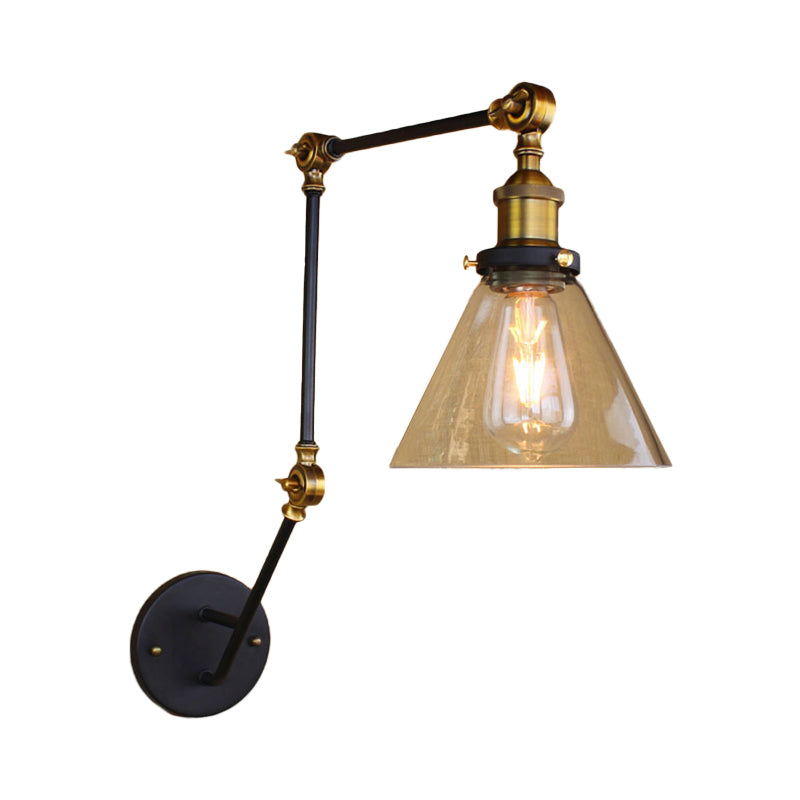 Sikunuo | Vintage Tapered Wall Lamp Fixture 1 Light Source Clear Glass Wall Lamp in Brass with Extendable Arm
