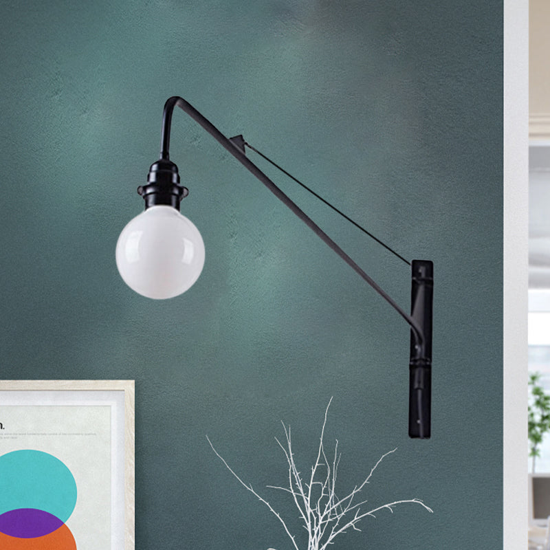 Sikunuo | Metal Long Arm Wall Lamp with Bare Bulb Industrial Style 1 Light Study Room Sconces Lighting in Black