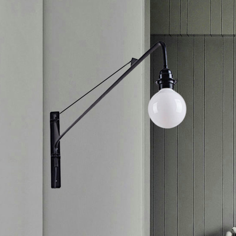 Sikunuo | Metal Long Arm Wall Lamp with Bare Bulb Industrial Style 1 Light Study Room Sconces Lighting in Black