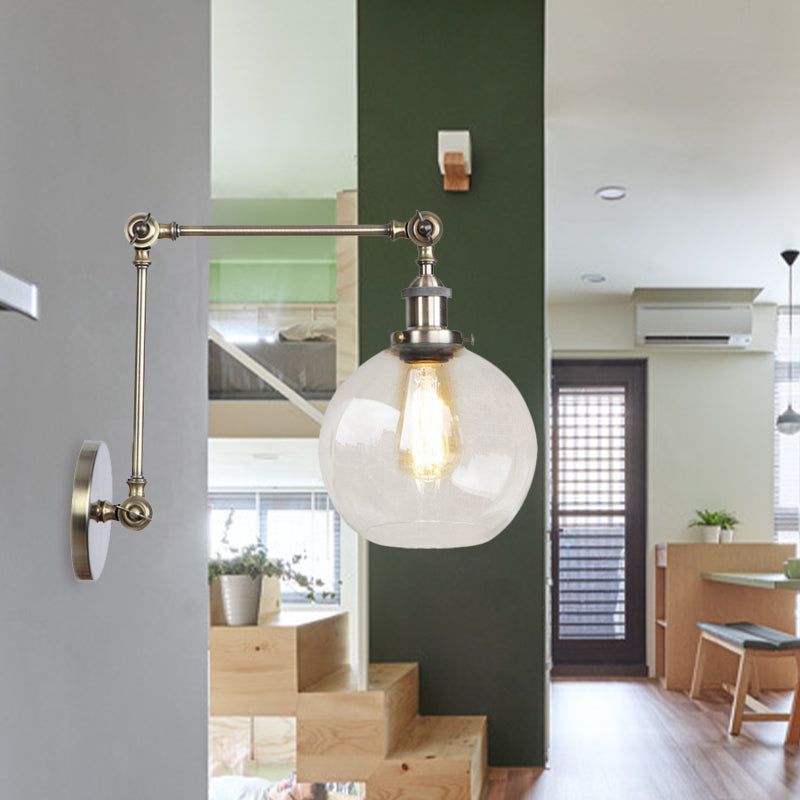 Sikunuo | Rustic Globe Wall Lighting Fixture 1 Bulb Clear Glass Sconces Light in Antique Brass