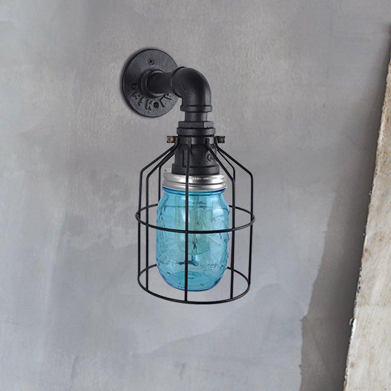 Sikunuo | Blue/Clear Glass Shade Wall Lamp with Wire Cage Industrial Style Glass 1 Bulb Restaurant Wall Light