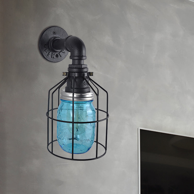 Sikunuo | Blue/Clear Glass Shade Wall Lamp with Wire Cage Industrial Style Glass 1 Bulb Restaurant Wall Light